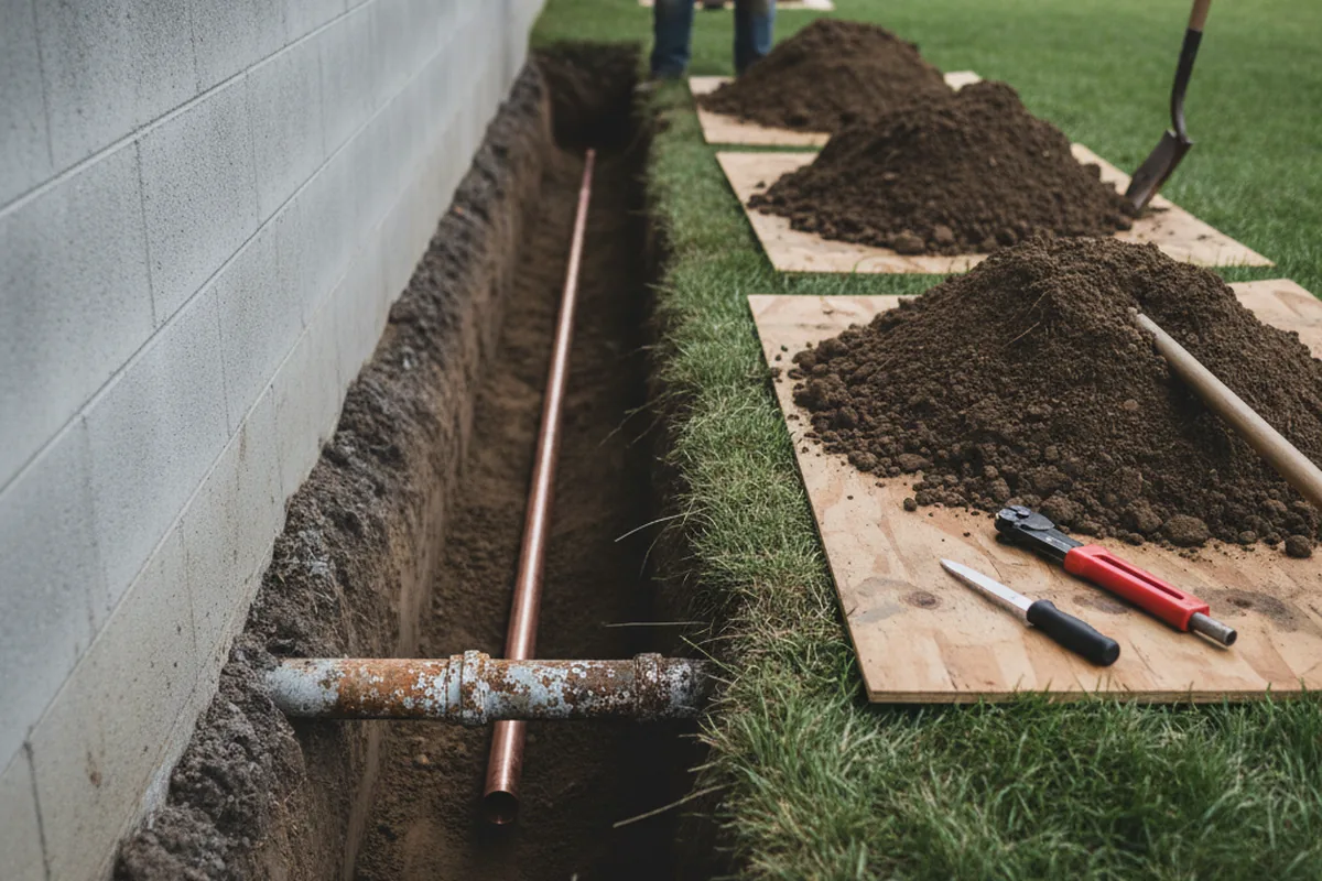 Excavated water line trench during Water Heater Repair in Accokeek